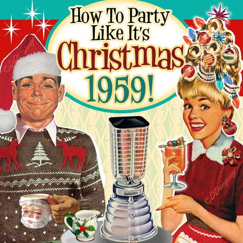 How To Party Like It’s Christmas 1959 - Retro Holiday Party Invitations Vintage Christmas Party Games, Retro Christmas Cocktail Party, Vintage Christmas 1950s, Retro Christmas Ads, Retro Christmas Party Decorations, Vintage Christmas Party Decorations, 60s Christmas Party, Retro Christmas Party Invitations, 1950 Christmas Party