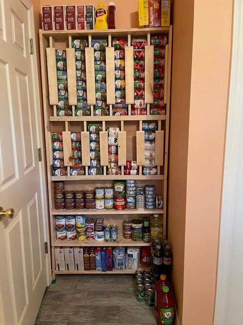 Canned Storage Ideas, Country Pantry Ideas, Garage Food Storage, Can Storage Ideas, Canned Good Storage, Shallow Pantry, Pantry Diy, Food Storage Rooms, Food Storage Shelves