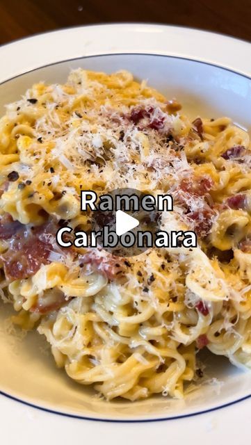 Reid Quiggins on Instagram: "Ramen Carbonara… The Next Big Food Trend of 2024? Recipe (single serving) ▫️1 egg ▫️1 egg yolk ▫️1/4 cup grated parmesan ▫️Fresh cracked pepper ▫️1 packet instant ramen noodles ▫️2 slices of bacon, chopped fine ▫️1 tsp olive oil Method Discard flavor packet and prepare ramen noodles according to package instructions, reserving 1/4 cup of water. Toss in olive oil to prevent from sticking. In a pan, heat olive oil over medium-low heat and cook bacon slowly to render out fat until brown and crispy. Mix egg and Parmesan mixture in a bowl and add to pan along with noodles over lowest heat. Mix vigorously, adding in a splash or two of pasta water, until sauce becomes thicker and coats the noodles. Immediately remove from heat and top with cracked pepper ✒️ Reid Ramen Carbonara, Big Food, Ramen Noodle Recipes, Instant Ramen, Carbonara Pasta, Cracked Pepper, Single Serving, Big Meals, Egg Noodles