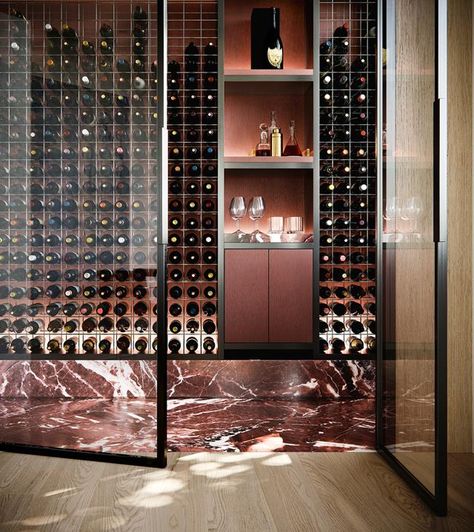 Modernist residences with luxurious interiors by David Flack | Belle Home Wine Bar, Flack Studio, Pinterest Widget, Wine Rooms, Wine Rack Design, Marble Interior, Wine Cave, Home Wine Cellars, Decoration Restaurant