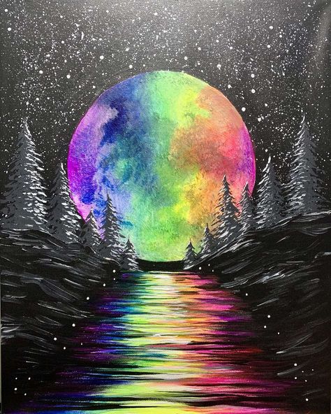 Painting And Sip Ideas, Abstract Moon Painting, Rainbow Painting Ideas On Canvas, Rainbow Painting Canvases, Paint Night Ideas Easy, Easy Sip And Paint Ideas, Sip And Paint Ideas For Beginners, Abstract Rainbow Painting, Paint And Sip Ideas