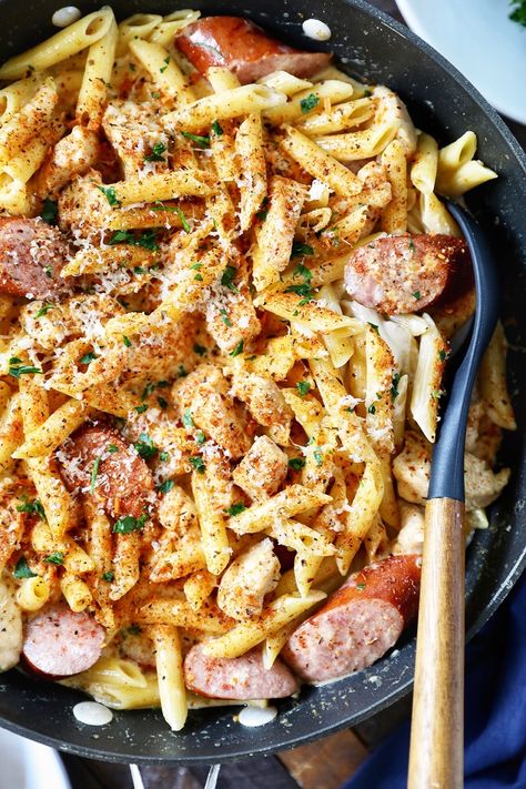 Husband Approved Dinners Healthy, Cajun Alfredo Sauce, Sausage Alfredo Pasta, Cajun Alfredo, Current Recipes, Cajun Chicken Alfredo, Simple Dinners, Future Chef, Pasta Recipes Alfredo