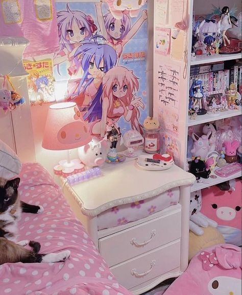 @/cryptidcarousel on ig Cutecore Room, Web Core, Kawaii Room Ideas, Kawaii Bedroom, Hello Kitty Rooms, Otaku Room, Pink Room Decor, Cute Bedroom Ideas, Kawaii Core