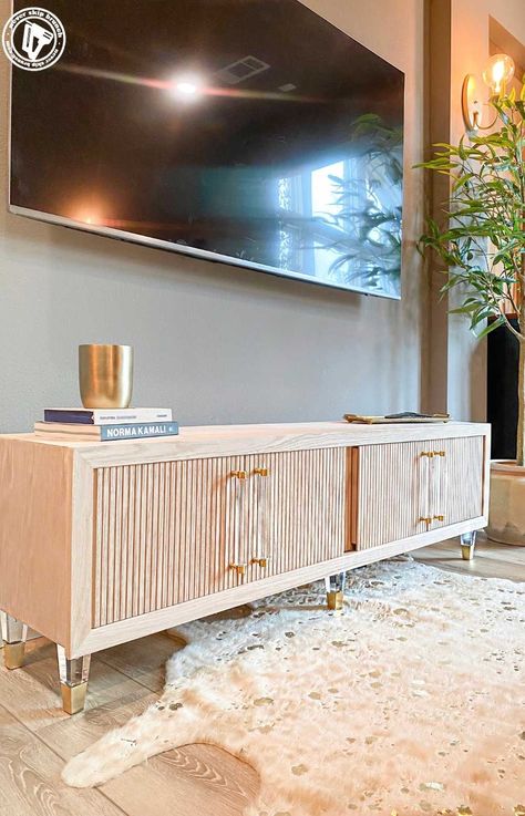 Acrylic Tv Console, Adding Fluting To Cabinet, Diy Pole Wrap Cabinets, Diy Cabinet Paneling, Pole Wrap Tv Stand, Diy Pole Wrap Furniture, Fluted Console Cabinet, Faux Pole Wrap, Ikea Kallax Media Console