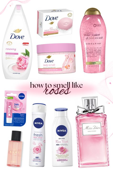 how to smell like roses, dove rose body wash, dove rose bar soap, dove rose body scrub, ogx rose water scrub & wash, nivea rose lip balm, nivea rose deodorant, niveo rose touch body lotion, victoria's secret bare rose fragrance mist, miss dior rose n roses, pink girly shower routine Miss Dior Perfume Rose N Roses, Pink Dove Body Wash, How To Smell Like Peonies, Rose Body Products, Rose Body Care Products, Floral Shower Routine, Rose Hygiene Products, Rose Scented Shower Routine, Rose Shower Routine