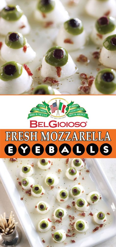 Fresh (and frightening) Mozzarella eyeballs are the perfect spooky appetizer for your Halloween party menu. Finger Foods For Party Halloween, Halloween Wedding Appetizers, Mozzarella Ball Eyeballs, Magic Halloween Party, Orderves Appetizers Halloween, Mozzarella Eyeballs Halloween Party, Spooky Menu Ideas, Halloween Themed Brunch Food, Halloween Food Fingers