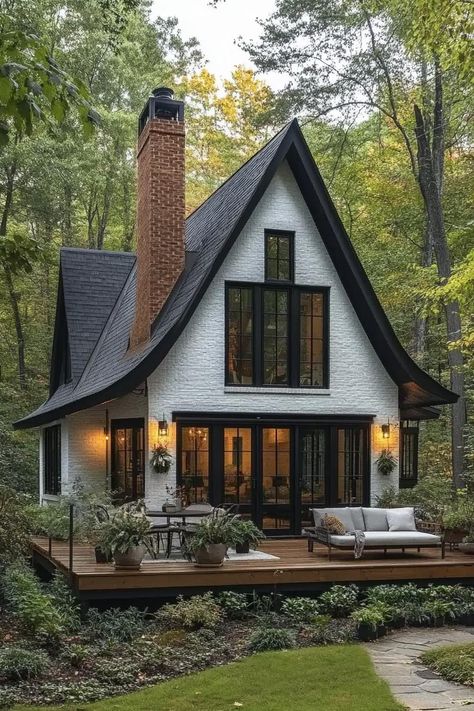 Farm Cottage House Exterior, Painted Brick With Black Windows, Cottage Roof Shingles, Old Mill House Renovation, Tiny House On A Hill, Modern Cottage Architecture, Cottage In The Woods House Plans, Gothic Cottage House Plans, Black Brick Chimney Exterior