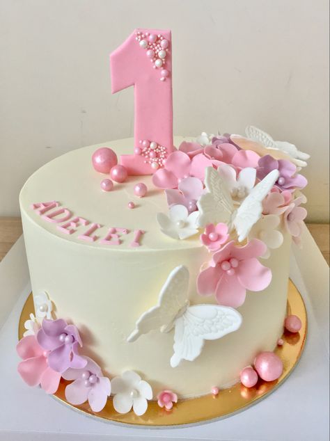 1 Year Bday Cake, Butterfly Cake 1st Birthday, Cakes For 5 Year Girl, 1st Birthday Cake Girl Simple, Birthday Cake For 1 Year Girl, Birthday Cake For 5 Year Girl, Cake Designs For Baby Girl 1st Birthday, Butterfly Cake For 1st Birthday, Cake Design For 1st Birthday Girl