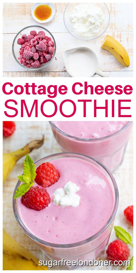 Cottage Cheese Smoothie Healthy, Vshred Recipes, Raspberry Cottage Cheese, Cottage Cheese Smoothie Recipes, Smoothie High Protein, Raspberry Cottage, Cottage Cheese Dessert Recipes, Raspberry Smoothie Recipes, Breakfast Drinks Healthy