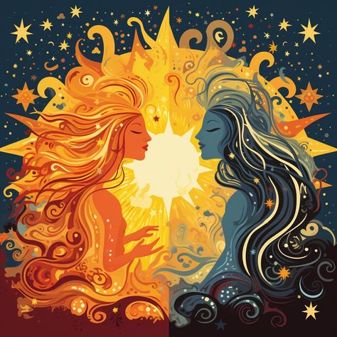 Sun And Moon Abstract Art, Sun And Moon Sculpture, Sun Vs Moon Aesthetic, Sun And Moon Artwork, Sun And Moon As People, Sun And Moon Lesbian Art, Sun And Moon Personified, Sun And Moon As Humans, Sun And Moon Art Aesthetic