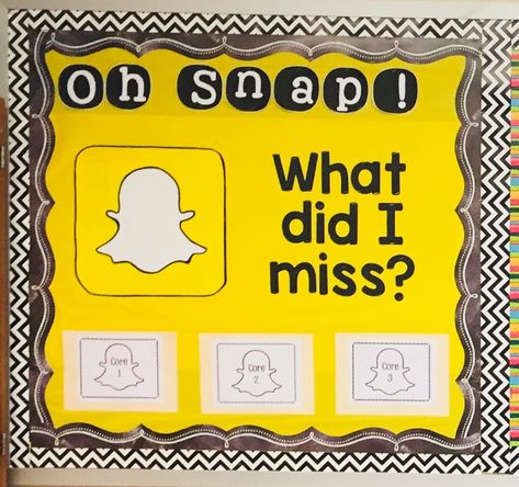 Missing Work/Absent Bulletin Board - Snapchat Theme Snapshot Bulletin Board, Missing Work Bulletin Board, Snapchat Bulletin Board Ideas, Social Media Themed Classroom, Social Media Bulletin Board Ideas, September Bulletin Board Ideas High School, Fun Bulletin Board Ideas Middle School, Bulletin Board Ideas For High Schoolers, Social Media Classroom Theme