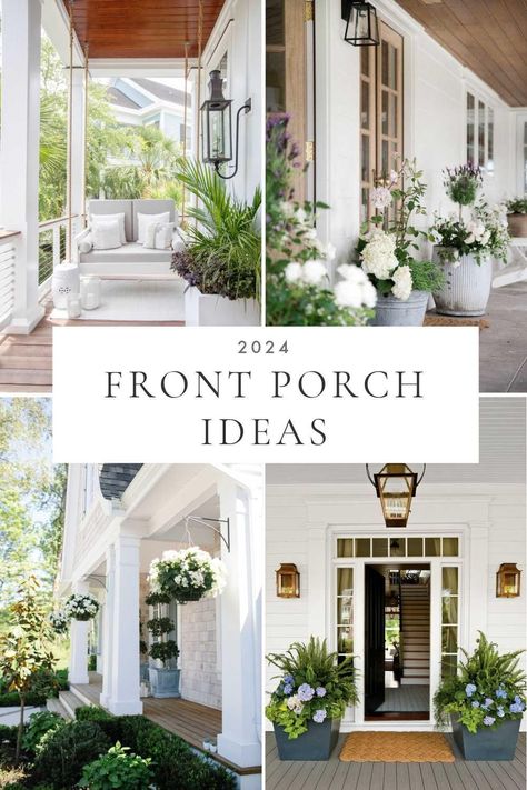 Beautiful front porch ideas for 2024, with flower pots, decor, wreaths, garden borders, front yard landscaping, hydrangeas, boxwood topiaries, bushes in front of house, and more Front Garden Ideas Hydrangea, Front Side Porch Ideas, Elegant Porch Ideas, Classy Front Porch Decor, Florida Front Porch Ideas, White House Front Porch, Front Porch Topiary Ideas, Flowers On Porch, Plants Front Porch