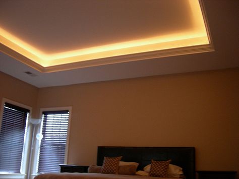 Lighted Tray Ceiling - one in the bedroom, one in the living room. How To Add A Tray Ceiling, Tray Ceiling Lighting Bedroom, Tray Ceiling With Lights, Tray Ceiling Lighting Ideas, Trayed Ceiling Ideas, Lighted Tray Ceiling, Tray Ceiling Lighting, Boxed Ceiling, Bedroom Tray Ceiling