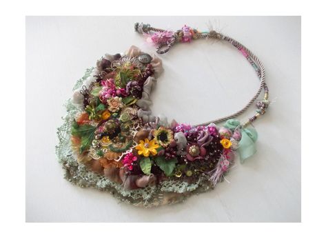 Mixed media chunky funny textile statement bib necklace, romantic inspired by nature, with unique handmade beaded fabric and yarn beads, fabric buttons, hand wrapped, sewn and beaded casual necklace with decorative flowers who are protected by transparent acrylic varnish.  Many hours of hand stitching and many patience and love have gone into creating this piece of textile art. Manually stitched,with lace, glass seed beads, sequins,many details...  Materials: cotton yarn, acrylic blend yarn, vin Yarn Beads, Colorful Statement Necklace, Beads Fabric, Beaded Fabric, Acrylic Varnish, Casual Necklaces, Knitted Heart, Long Statement Necklace, Fabric Buttons