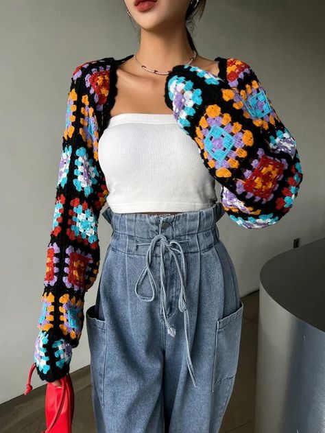 DAZY Geo Crochet Shrug Cardigan | SHEIN USA Crochet Shrug Cardigan, Crochet Fairy, Crochet Clothing And Accessories, Crochet Shrug, Shrug Cardigan, Crochet Winter, Crochet Fashion Patterns, Photoshoot Outfits, Fashion Lookbook