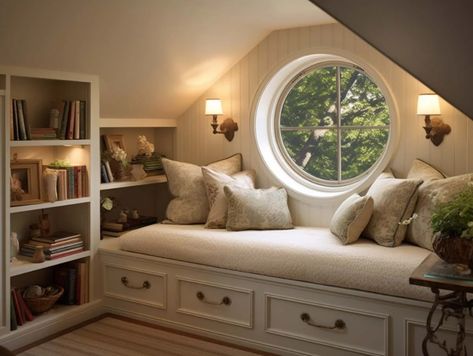 35 Best Layout Tips for a Small Attic Bedroom with Sloping Ceilings Dormer Window Bedroom Ideas, Shed Dormer Interior, Rooftop Bedroom Ideas Attic Rooms, Circle Window Bedroom, Cape Cod Upstairs Ideas Sloped Ceiling, Built Ins Slanted Ceiling, Attic Bedroom Staircase, Attic Guest Room Sloped Ceiling, Attic Built Ins Slanted Walls