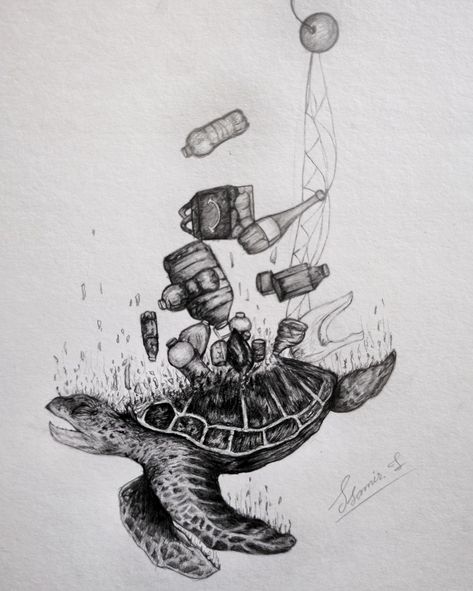 Animals Affected By Pollution, Turtle Stuck In Plastic Drawing, Ocean Pollution Drawing, Wildlife Conservation Drawing, Sea Pollution Art, Pollution Sketch, Water Pollution Art, Water Conservation Drawing, Endangered Animals Art