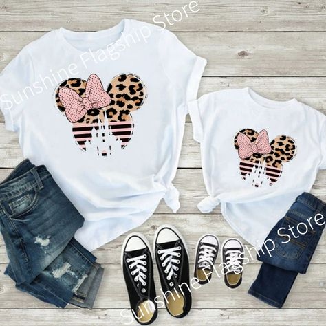 Disney Mother Kids Family Matching Outfits T Shirt Print Leopard Minnie Mouse Tops White Short Leopard Minnie Mouse, Mom And Daughter Matching Shirts, Mom And Daughter Matching, Party Things, Disney Princess Birthday, Mommy Daughter, Mouse Print, Family Matching Outfits, Mom And Daughter