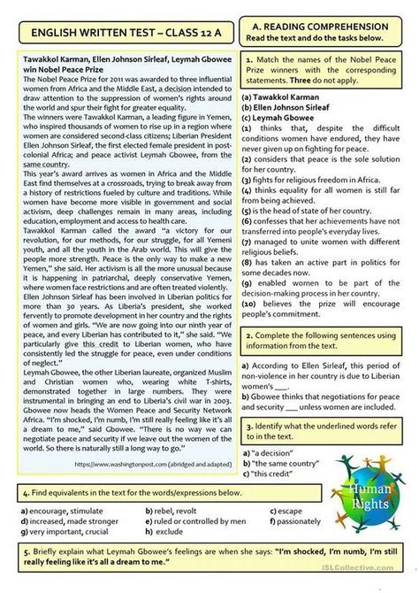 This test is all about human rights. The text is about 3 women that won the Nobel Peace Prize. 12th Grade English, Reading Comprehension Texts, Esl Reading, Word Formation, Teaching English Online, Social Studies Worksheets, English Grammar Worksheets, Teacher Binder, English Text