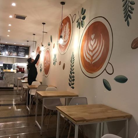 Wallpaper For Cafe Shop, Coffee Shop Wall Mural Ideas, Cafe Wall Murals Coffee Shop, Coffee Bar Mural, Cafe Painting Wall, Coffee Shop Mural Wall, Coffee Mural Wall, Mural Coffee Shop Wall Art, Cafe Mural Ideas Coffee Shop