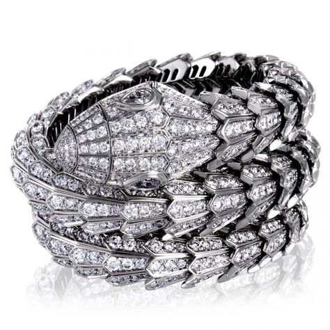 Bvlgari Serpenti 18K White Gold Full Diamond Pave Large Bangle Bracelet Bvlgari Serpenti Bracelet, Bulgari Serpenti, Beautiful Jewelry Diamonds, Bulgari Jewelry, Pave Bangle, Bvlgari Jewelry, Bvlgari Serpenti, Diamond Eyes, Snake Bracelet