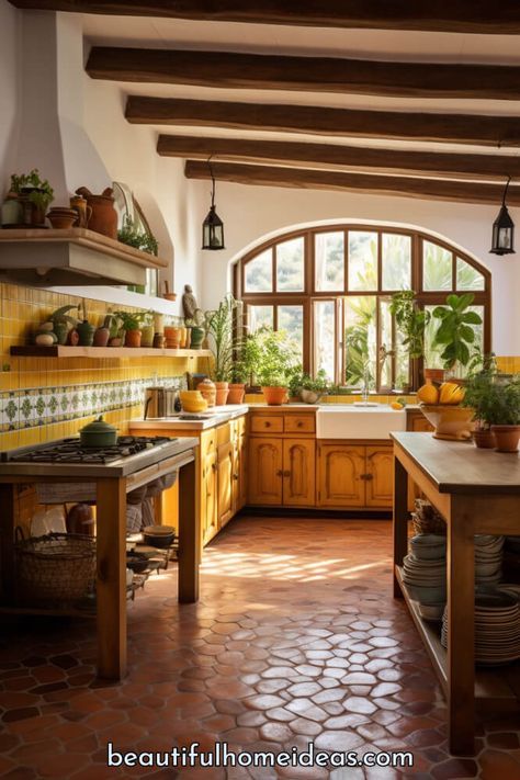 Modern Spanish Style Kitchen, Saltillo Tile Kitchen, Spanish Style Interior Design, Old Spanish Style Homes, Spanish Kitchen Design, Hacienda Style Kitchen, Mission Style Kitchens, Spanish Style Home Interior, Mexican Style Kitchens