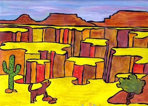 Draw "blobs" and then add vertical lines from each of the curves down to the edge of your foreground to create the illusion of a canyon.  Add horizon. Color each section a different shade. #GrofeGrandCanyonSuite Landscape Art Lessons, Art Sub Plans, Deep Space Sparkle, Art Lessons Middle School, 2nd Grade Art, 6th Grade Art, 4th Grade Art, 5th Grade Art, 3rd Grade Art