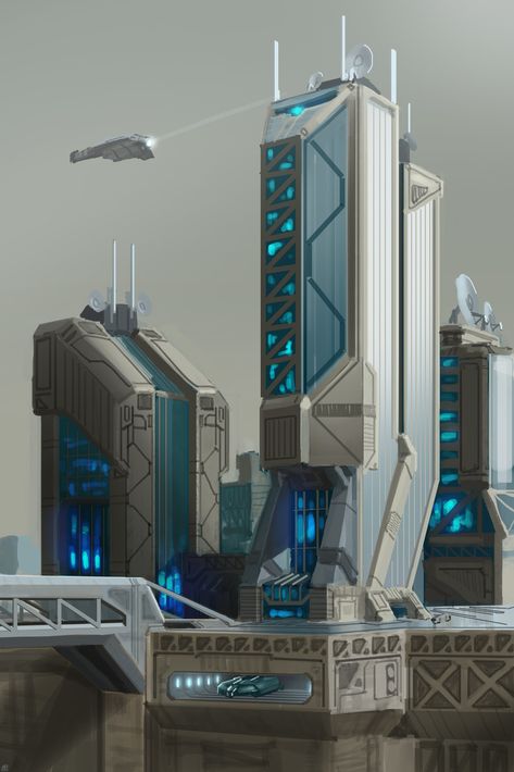 Futuristic Architecture study, Alexander House on ArtStation at https://www.artstation.com/artwork/43kan Kota Masa Depan, Cyberpunk Building, سلالم حلزونية, Architecture Study, Scifi Building, Teknologi Futuristik, Futuristic Cityscape, Sci Fi Building, Futuristic House