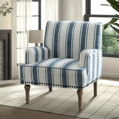 Wayfair.com - Online Home Store for Furniture, Decor, Outdoors & More | Wayfair Navy Armchair, Farmhouse Armchair, Striped Armchair, Comfy Living Room, Wooden Armchair, Upholstered Armchair, Upholstered Accent Chairs, Modern Accent Chair, Accent Arm Chairs