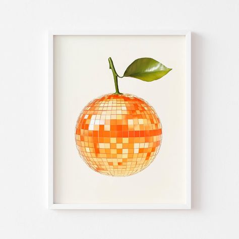 Preppy Kitchen Decor, Preppy Mirror, Orange Disco Ball, Bar Cart Poster, Oranges Art, Disco Ball Print, Vibrant Poster, Ball Aesthetic, Funky Decor