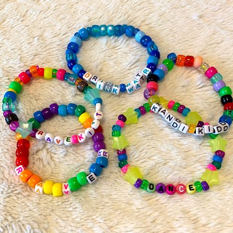 Handmade Kandi Word Bracelets -This Listing Is For The 5 Bracelets Pictured Above. Handmade With One Size Fits Most Stretchy Cord Unique And Fun For Your Next Rave Or Festival! Check Out My Closet For More Kandi Goodies, And Create Your Own Personalized Bundle For The Best Deal! Edm Edc Raver Pot Stoner Weed 420 Party Kandi Bracelets Jewelry Beads Plur Glitter Outfit Accessories Rainbow Y2k 90s Neon Trippy Mushroom Multi Stitch Kandi Cuff, Plur Bracelets, Rave Candy Bracelets Ideas, Kandi Ideas Words, Festival Glamping, Kandi Bracelets Ideas, Rave Essentials, Kandi Bracelets Rave, Festival Kandi