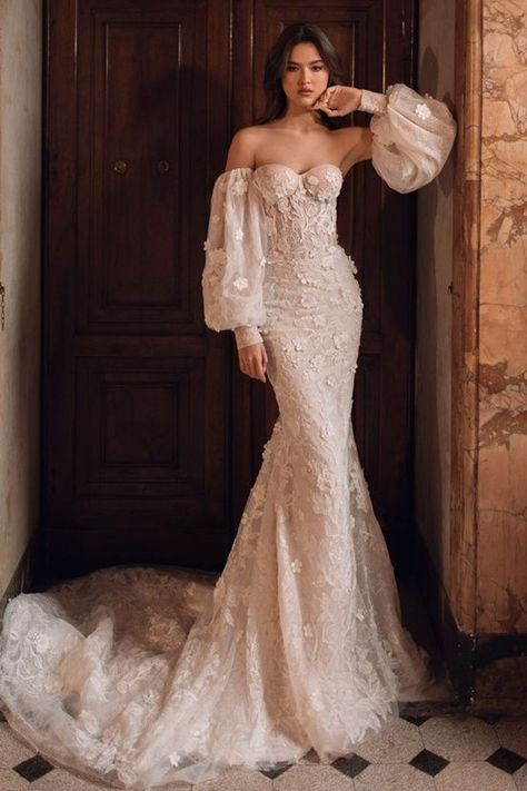 mermaid gown,sparkling beaded bodice,elegant lace details , wedding dress 2024 inspo,glamorous mermaid gown, delicate floral appliqués,bohemian chic Rising From The Ashes, Dramatic Entrance, Sheath Wedding Gown, Detachable Train, Sophisticated Bride, Fitted Wedding Dress, Beaded Bodice, Gorgeous Wedding Dress, Mermaid Gown