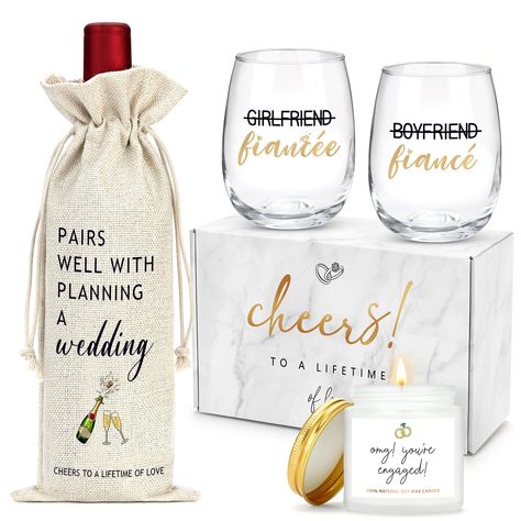 PRICES MAY VARY. This engagement gift for the newlyweds includes (2) 15-ounce wine glasses, (1) scented engagement candle, and (1) wine bag. All items are securely packaged in our deluxe congratulations gift box, creating a complete engagement gift for this loving couple. Engagement Gifts for Couples Newly Engaged: Cheers to the future Mr. and Mrs.! Presenting this premium fiance gifts to celebrate the newly engaged couple. Each wine glass features high-quality gold ink printing, making them sta Engagement Gift Ideas Newly Engaged, Cricut Engagement Gift, Gifts For Newly Engaged, Newly Engaged Gifts, Couple Engagement Gifts, Diy Engagement Gifts, Fiance Gifts, Engagement Gift Ideas, Engagement Candle