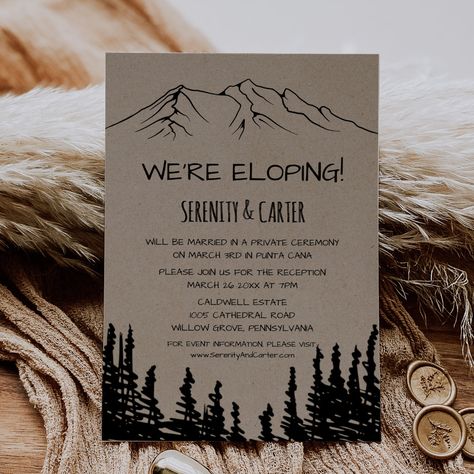 Elope Mountains, Mountain Wedding Ideas, Nature Wedding Invitations, Elopement Party, Elopement Invitation, Mountain Wedding Invitations, Elopement Reception, Reception Invitation, Woodland Trees