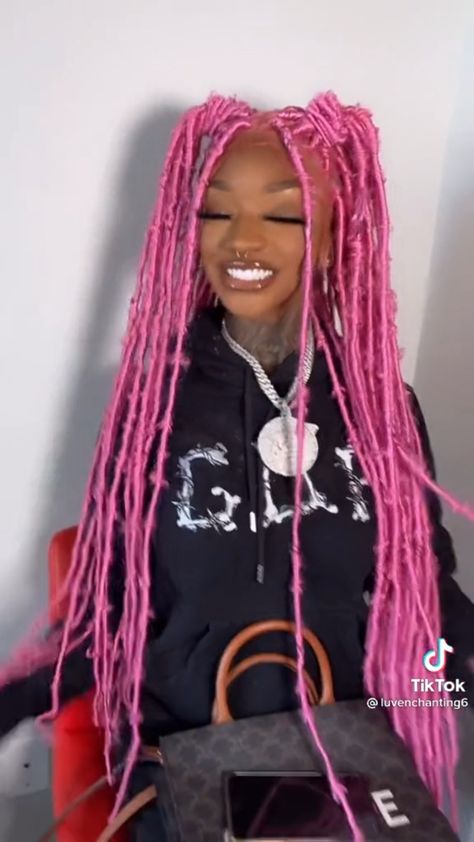 Split Color Locs, Colored Protective Styles, Pink Protective Styles, Pink And Blonde Soft Locs, Pink Goddess Locs, Pink Protective Hairstyles, Pink And Blonde Faux Locs, Pink Hair Styles Black Women Braids, Pink Faux Locs Black Women