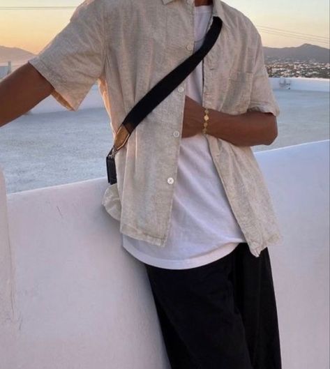 Mens Tan Button Up Shirt Outfit, Men Summer Aesthetic Outfit, Mens Summer Fits Aesthetic, Summer Aesthetic Men Outfits, Summer Guy Fits, European Outfits Men, Men Outfit Aesthetic Summer, Boyfriend Style Outfits Men, Mens European Fashion Summer