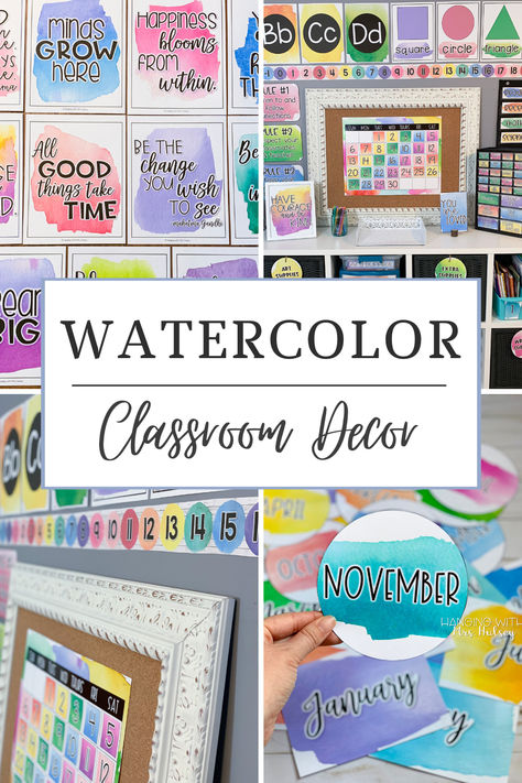 Looking for a Watercolor classroom decor theme? This classroom decor bundle will go perfectly in a watercolor or rainbow themed room! I think it would also look great with any classroom decor!  #watercolor #watercolordecor #watercolorclass #watercolorclassroom #watercolors #rainbowclass #rainbowclassdecor #rainbowclassroom #classdecor #classroomdecor #teaching Watercolor Theme Classroom, Classroom Themes Rainbow, Watercolor Bulletin Board, Class Jobs Display, Rainbow Themed Room, Watercolor Classroom Decor, Decorating Classroom, School Wide Themes, Classroom Prep