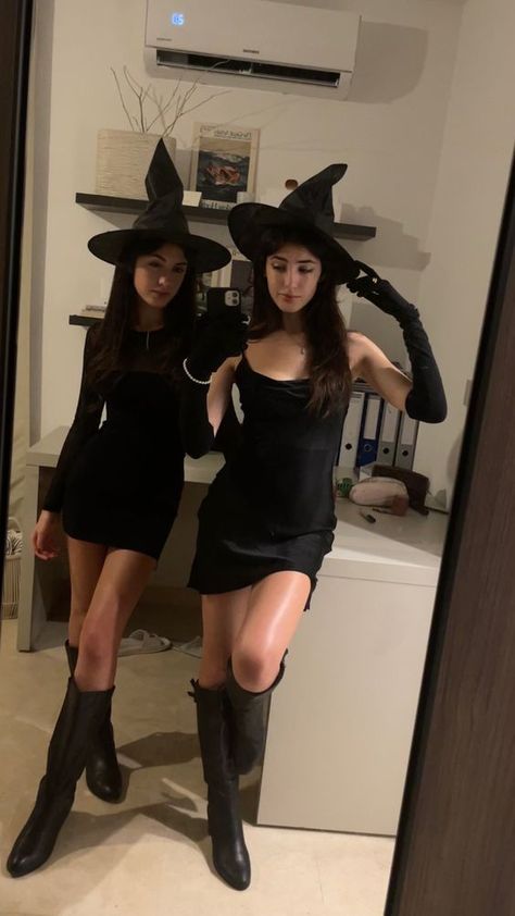 Halloween Group Costumes Which Are Super Funny - RecipeMagik Witch For Halloween Costume, Womens Duo Halloween Costumes Matching, Women’s Matching Halloween Costumes, Duo Halloween Costumes Witches, Halloween Costumes For Brunette Duos, Halloween Witches Costume, Duo Witch Halloween Costumes, 3 Witches Costume, Matching Witch Costumes