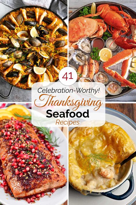 Make this Thanksgiving unique and truly special with celebration-worthy Seafood Recipes! These delicious Thanksgiving seafood ideas are holiday-perfect … whether you're creating an entire seafood-focused feast, or just want to feature seafood in one stand-out course of your Thanksgiving dinner menu! Pretty appetizers, stunning main courses, and even great side dishes - so many to choose from! | Thanksgiving recipes | holiday seafood recipes | holiday fish recipes | www.TwoHealthyKitchens.com Fall Seafood Dishes, Unique Holiday Side Dishes, Seafood For Party, Delicious Seafood Dinner Recipes, Seafood Dishes For Thanksgiving, Fish For Thanksgiving, Holiday Fish Recipes, Fish Thanksgiving Recipes, Seafood New Years Dinner