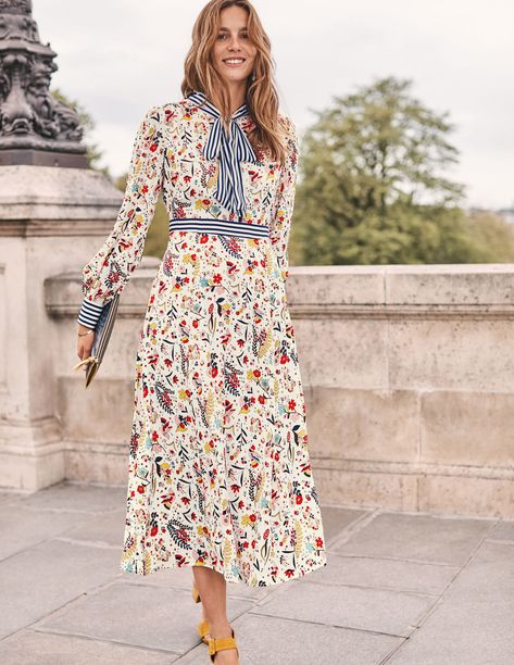 Boden Thelma Midi Dress - Ivory, Whimsical Bird Womens Winter Dresses, Workwear Style, Boden Dress, Womens Fashion Casual Spring, Women Fashion Edgy, Trim Dress, Maxi Dress Cocktail, Whimsical Fashion, Navy Midi Dress