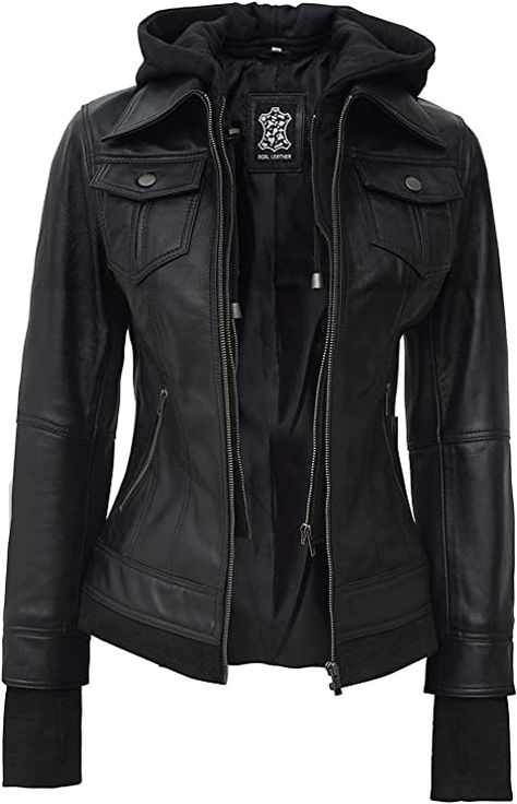 Fjackets Leather Jackets For Women - Removable Hood & Bomber Real Lambskin Leather Jacket Womens at Amazon Women's Coats Shop Affordable Black Leather Jacket For Winter, Luxury Leather Jacket With Detachable Hood For Winter, Luxury Hooded Biker Jacket For Fall, Luxury Biker Jacket With Detachable Hood For Fall, Cheap Women's Biker Leather Jacket, Cheap Collared Leather Jacket With Pockets, Cheap Black Biker Jacket For Winter, Affordable Women's Biker Jacket For Work, Affordable Black Leather Jacket With Pockets