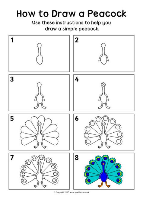 How to Draw a Peacock Instructions Sheet (SB12334) - SparkleBox Trin For Trin Tegning, Peacock Drawing, Arte Doodle, Drawing Lessons For Kids, Easy Drawing Tutorial, Drawing Tutorials For Kids, Easy Drawings For Kids, Easy Doodle Art, Drawing Tutorial Easy