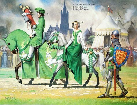 SIR JOHN HOLLAND ON THE WAY TO THE JOUST Angus Mcbride, Medieval Artwork, Warriors Illustration, Historical Warriors, High Middle Ages, Medieval Paintings, Medieval Ages, Empire Romain, Ancient Warfare