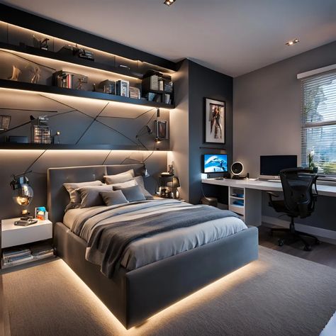 Boys Bedroom Ideas - Every Age and Style for Cozy Space Boys Room Black Furniture, Teen Boy Bedroom Led Lights, Gamer Teen Boy Bedroom, Grey Boys Bedroom Teenager, Boys Basement Bedroom Ideas, Boys Game Room Bedroom Ideas, Boy Bedroom Ideas Teen, Boys Bedroom Ideas Age 8-10, Older Teen Boy Bedroom Ideas