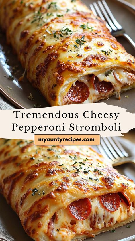 Discover a stromboli that’s bursting with cheesy, pepperoni-packed goodness! Rolled in soft dough and baked to golden perfection, this recipe offers the ideal mix of crispy crust, melty cheese, and hearty fillings. A crowd-pleaser for any gathering or weeknight treat! Cheesy Pepperoni Stromboli, Ham And Pepperoni Stromboli, Pizza Meals Ideas, Pepperoni Roll Recipe, Pepperoni Stromboli With Pizza Dough, Ground Beef Stromboli Recipe, Sides To Go With Stromboli, Stromboli Vegetarian, Recipes Using Pizza Dough Ideas