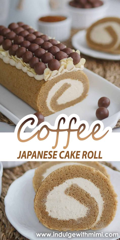 Baked Goods Ideas To Sell, Japanese Chiffon Cake, Japanese Cake Roll, Coffee Flan, Infused Whipped Cream, Rolled Cakes, Japanese Cakes, Witch Recipes, Nut Roll