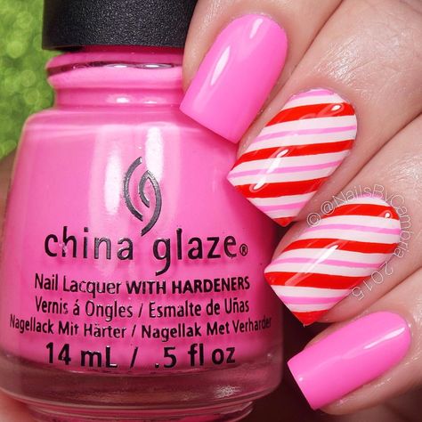 NailsByCambria on Instagram: “Look at these cute girly pink candy cane nails! They look so glossy and yummy Inspired by @nailstorming ❤️❤️❤️ Tutorial will be up today! @chinaglazeofficial Bottoms Up, The Heat Is On, and White On White @whatsupnails Wrapping paper stencils and Pure Color #10 brush @sechenails Seche Vite All polishes are from @hbbeautybar | 15% off with code nailsbycambria ️” Pink Candy Cane Nails, Pink Candy Cane, Christmas Nail Stickers, Candy Cane Nails, Winter Sparkle, Nail Vinyls, Nail Candy, Pink Winter, Christmas Nails Acrylic