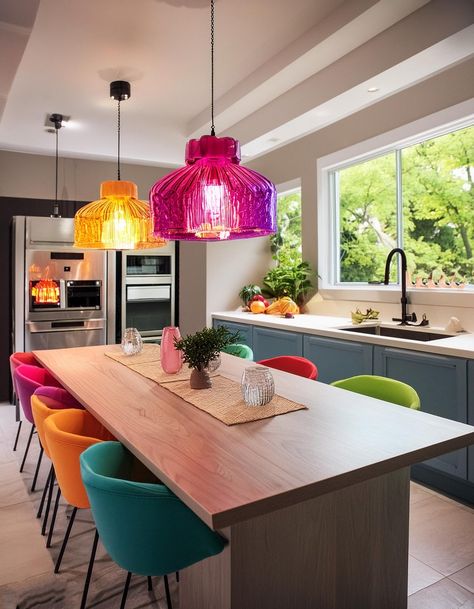 Kitchen Ideas Pop Of Color, Bright House Design, Kitchen Interior Colorful, Colourful Kitchen Diner Ideas, Art Kitchen Design, Bright Colourful Kitchen Ideas, Kitchen Condo Ideas, Apartment Interior Colorful, Colorful Interior Decor