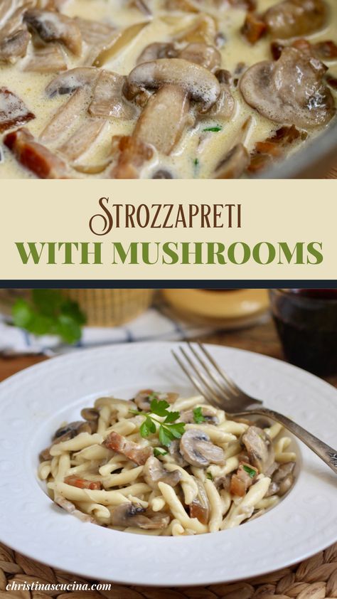 Strozzapreti with a creamy mushroom sauce will be your go-to recipe for this delicious Italian pasta shape with a strange name! Strozzapreti Recipes, Italian American Food, Healthy Italian, Bariatric Eating, Creamy Mushroom Sauce, Wild Mushroom, Italian Dinner, Italian Recipes Authentic, Mushroom Sauce