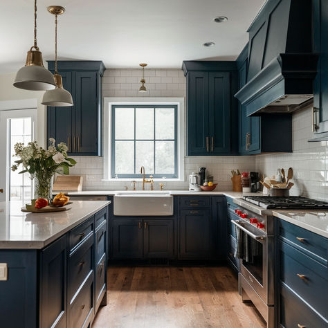 8 Awe-Inspiring Painted Kitchen Cabinet Ideas Oxford Blue Kitchen Cabinets, Vintage Blue Kitchen Cabinets, Dark Blue Green Cabinets, Dark Blue Lower Kitchen Cabinets, Kitchen Cabinet Blue Colors, Cabnit Remodel Paint, Painting Kitchen Cabinets Blue, Dark Blue Cabinets Kitchen, Hale Navy Kitchen Cabinets